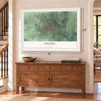 Oxford, Ohio map, 24 x 36 inch print in a white frame above a dresser by a staircase