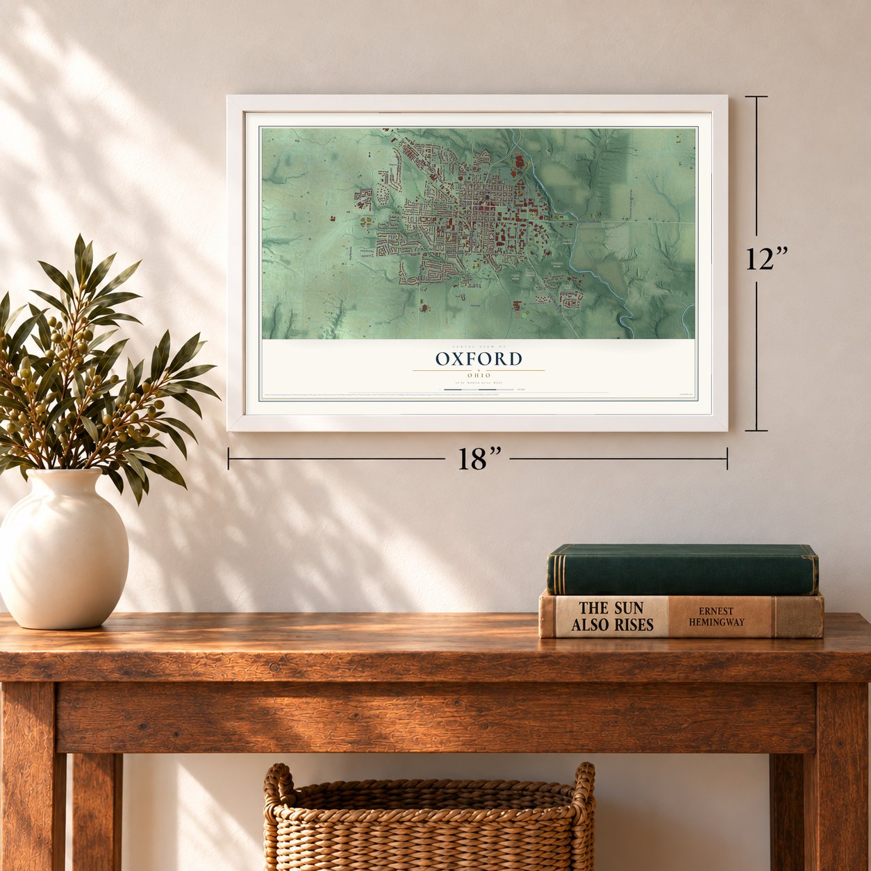 Oxford, Ohio map, 12 x 18 inch print in a white frame in an entryway