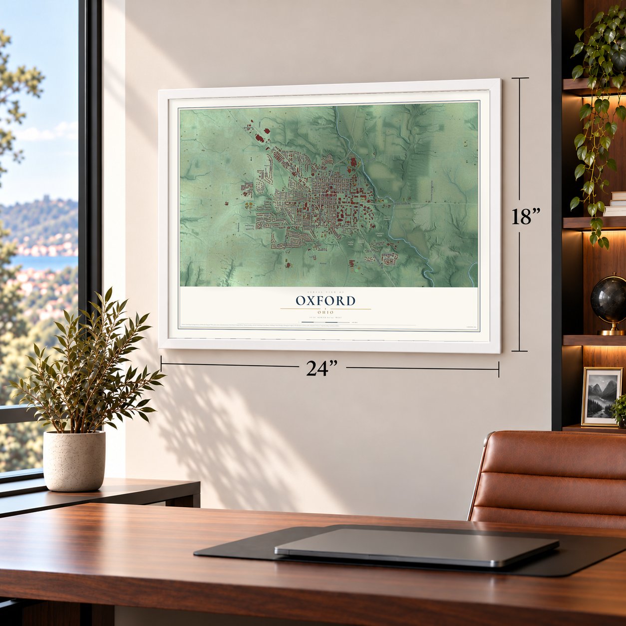 Oxford, Ohio map, 18 x 24 inch print in a white frame in a home office