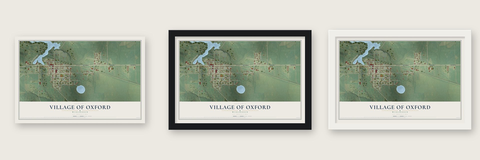 Oxford, Wisconsin map unframed, in a black wood frame and in a white wood frame