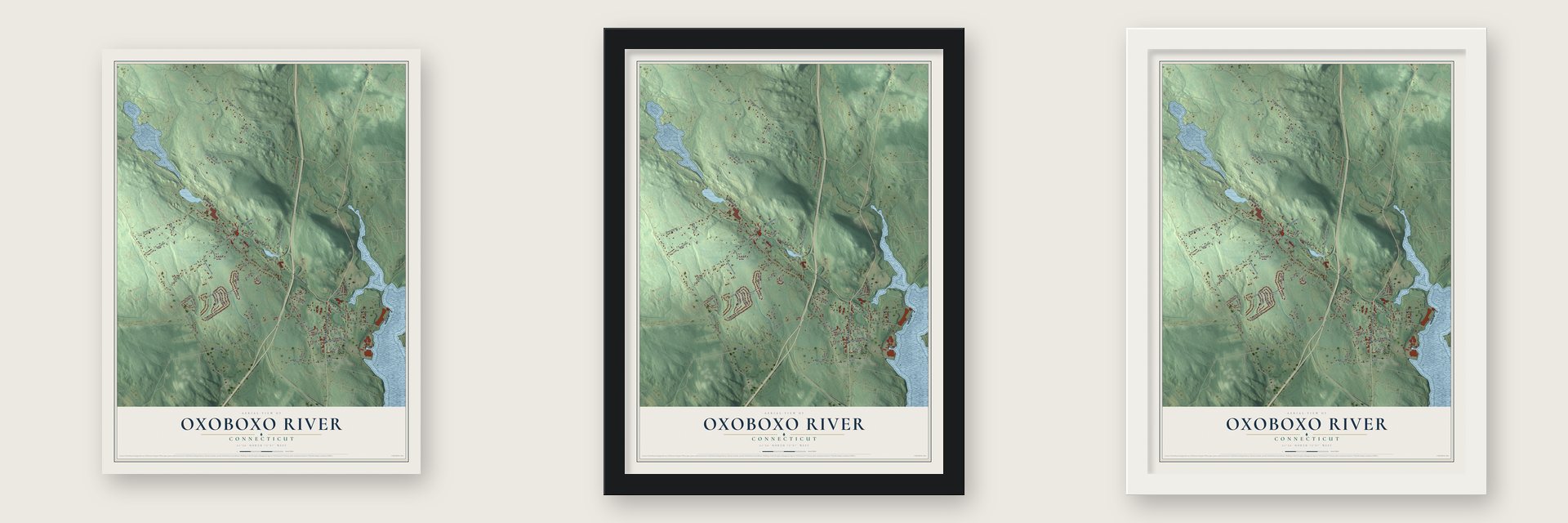 Oxoboxo River, Connecticut map unframed, in a black wood frame and in a white wood frame