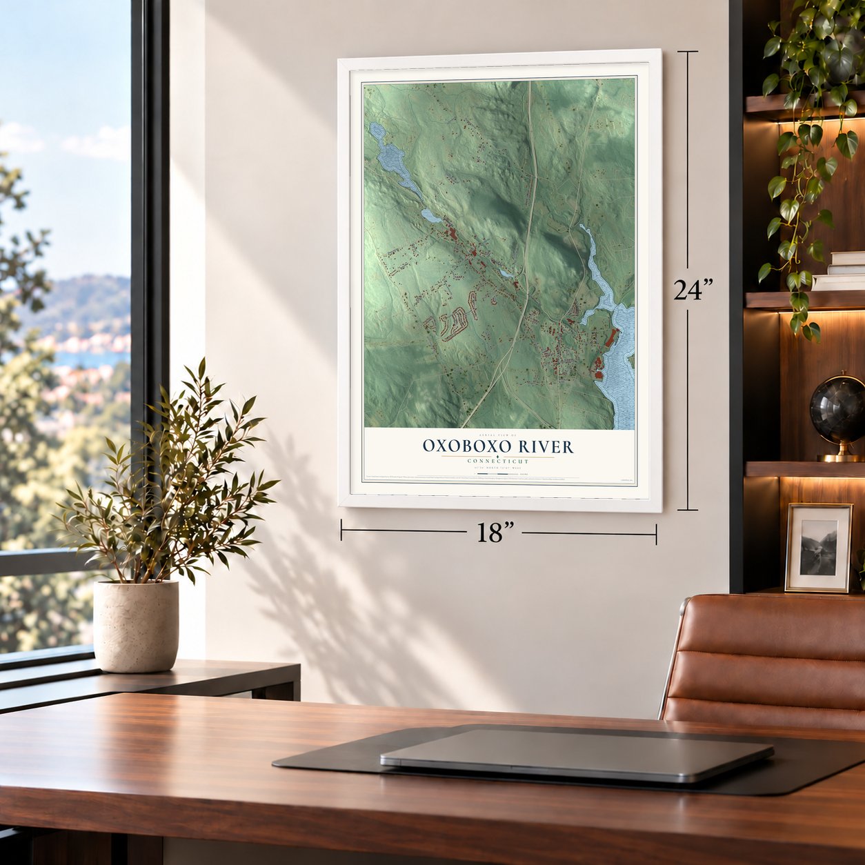 Oxoboxo River, Connecticut map, 18 x 24 inch print in a white frame in a home office
