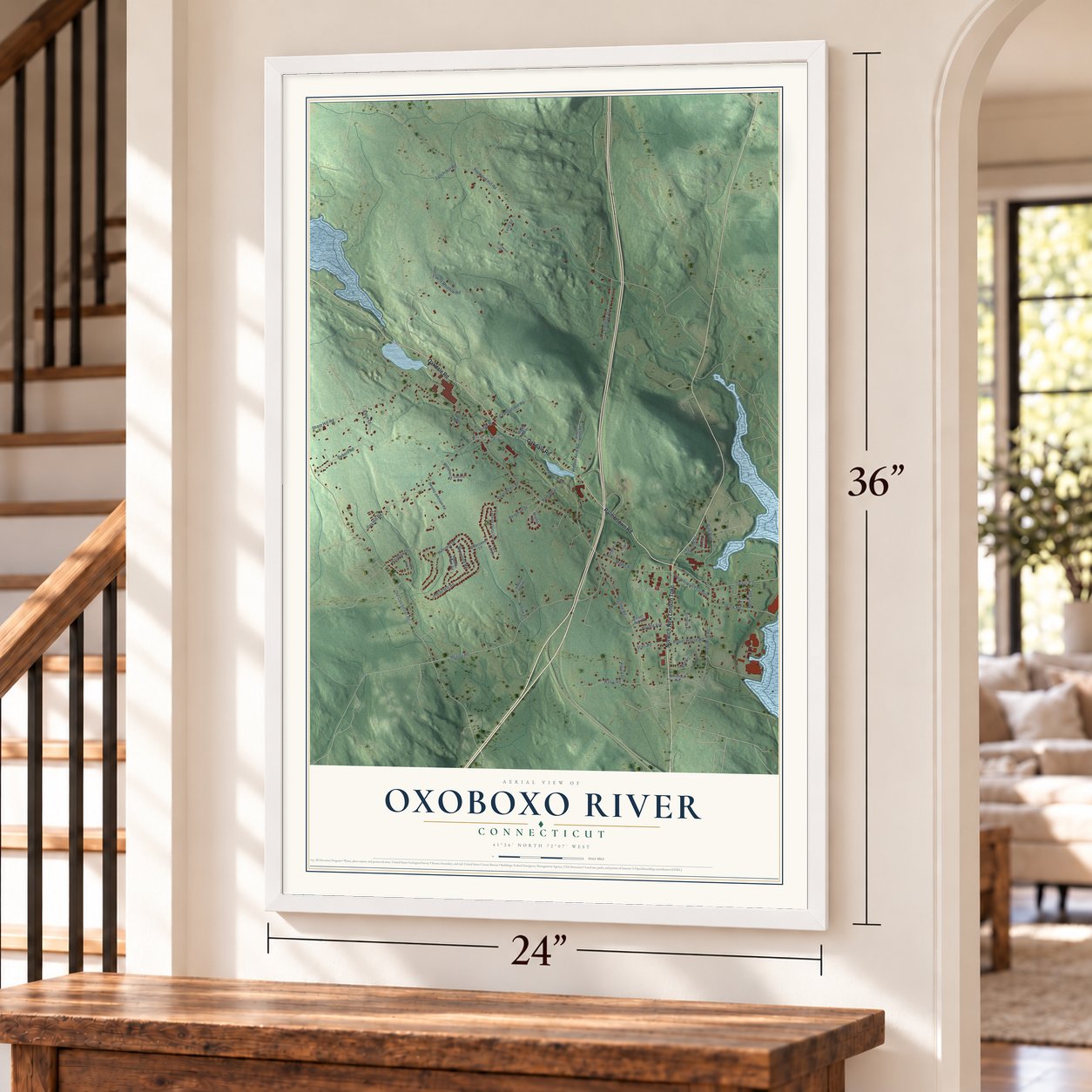Oxoboxo River, Connecticut map, 24 x 36 inch print in a white frame by a staircase