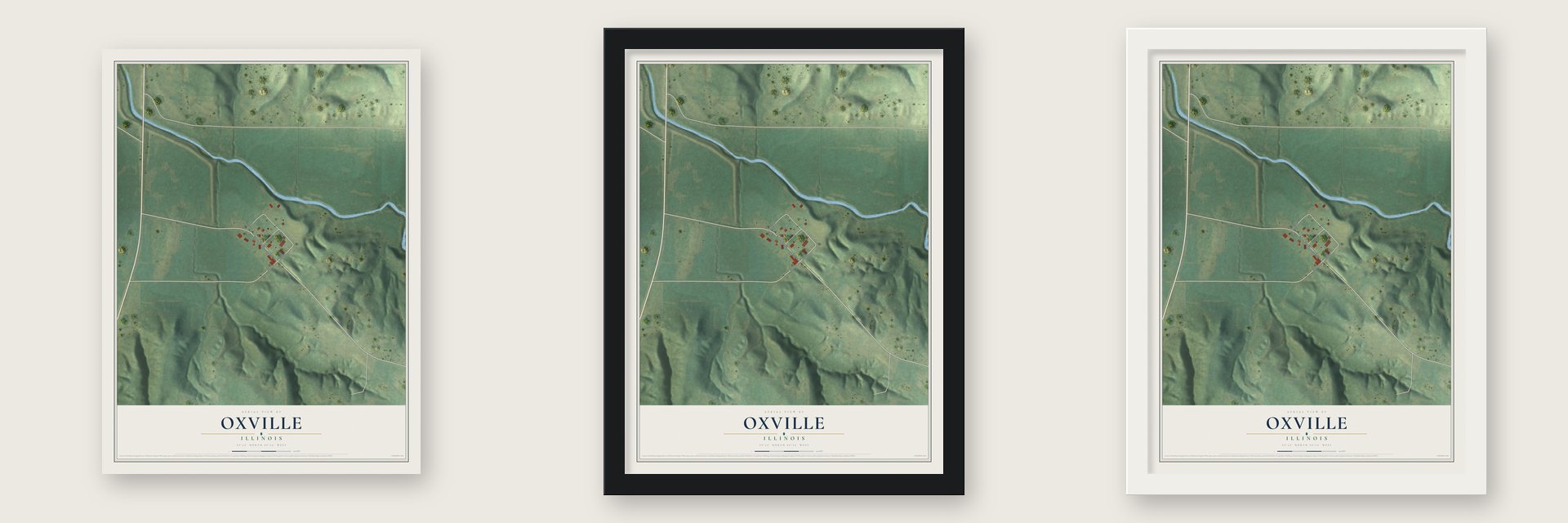 Oxville, Illinois map unframed, in a black wood frame and in a white wood frame