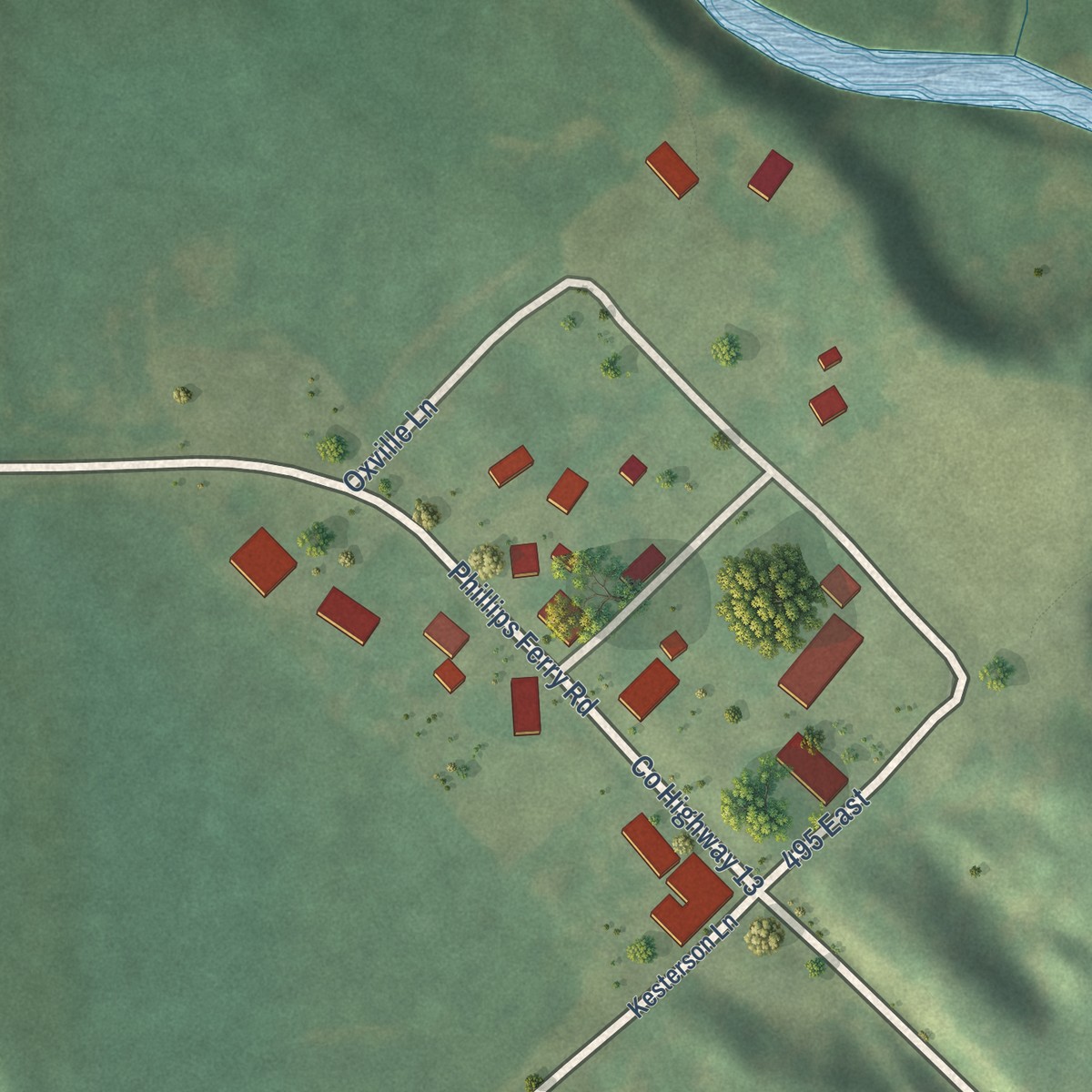 Second close-up of the map of Oxville, Illinois print showing more streets and buildings