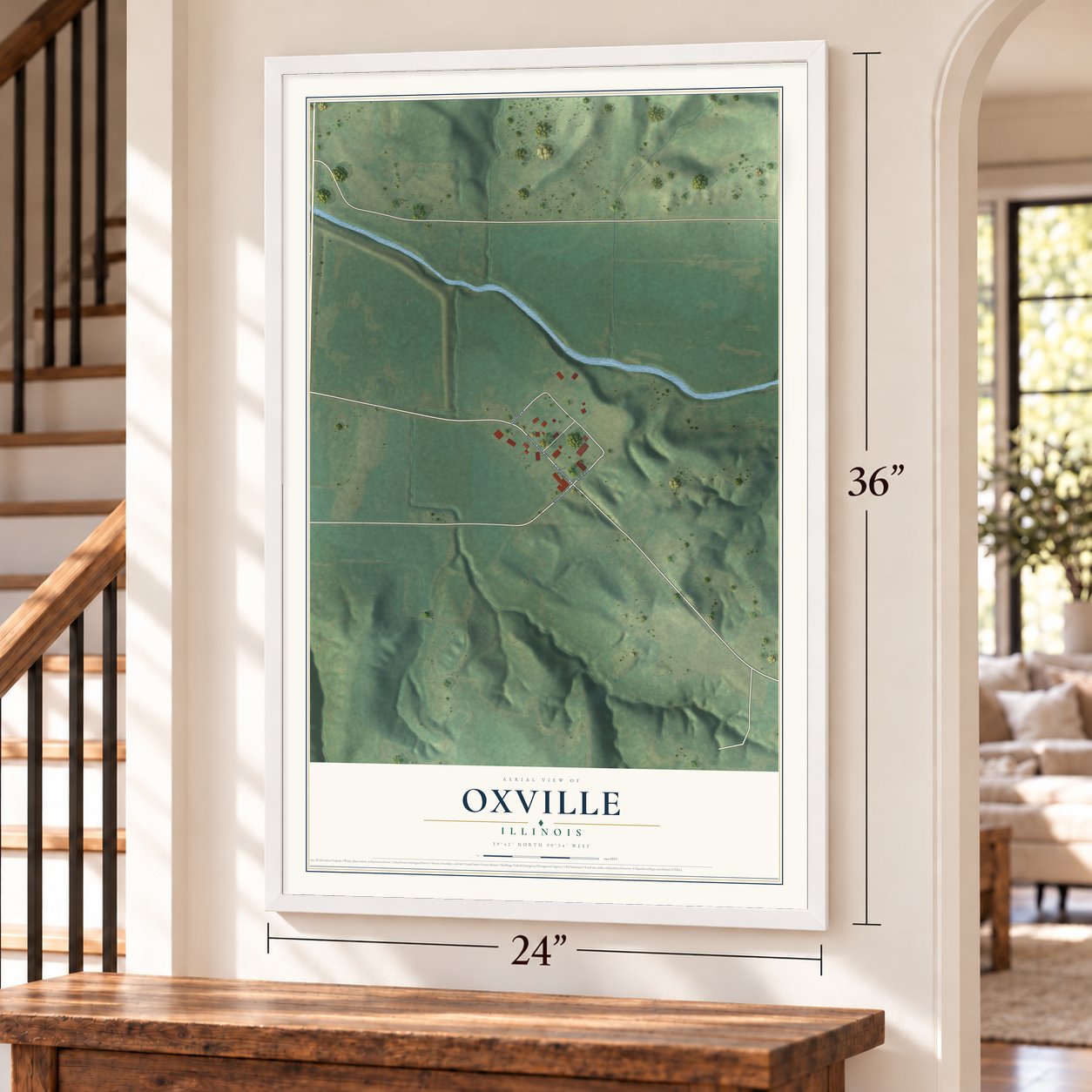 Oxville, Illinois map, 24 x 36 inch print in a white frame by a staircase
