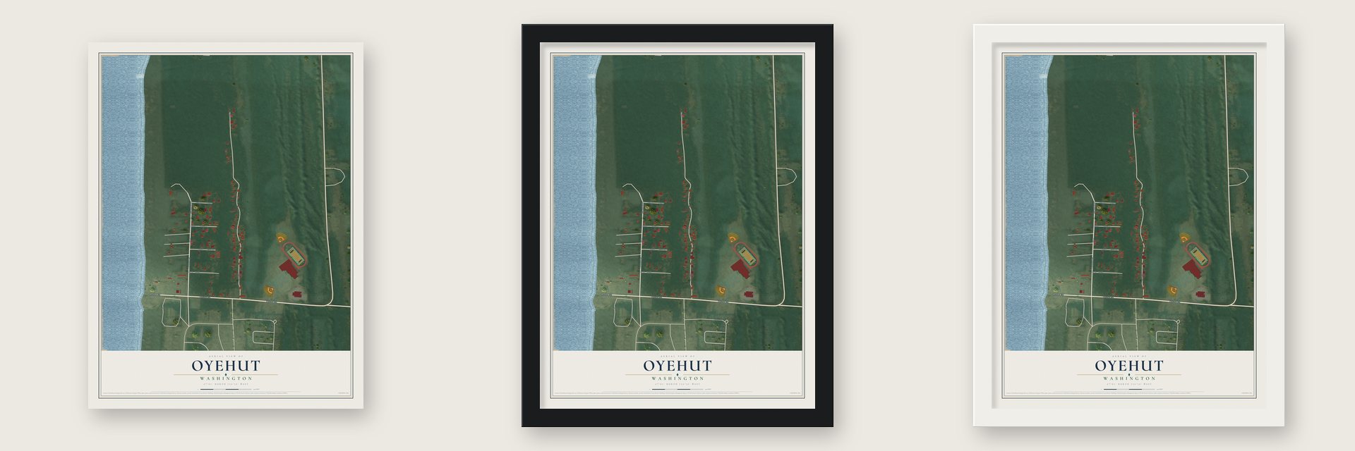 Oyehut, Washington map unframed, in a black wood frame and in a white wood frame