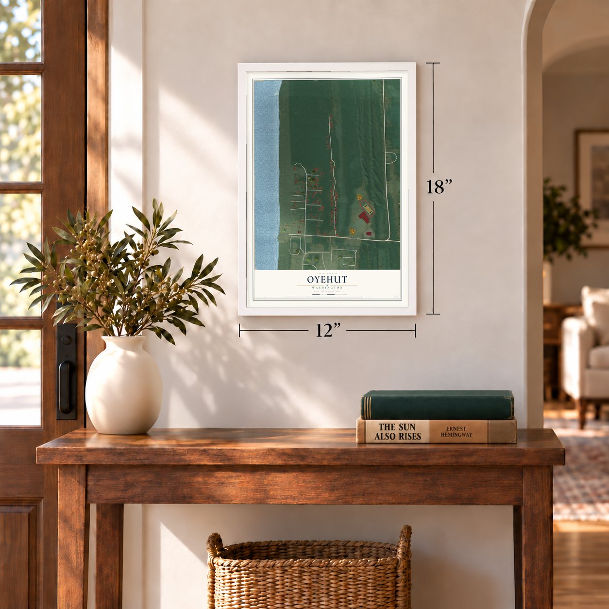 Oyehut, Washington map, 12 x 18 inch print in a white frame in an entryway