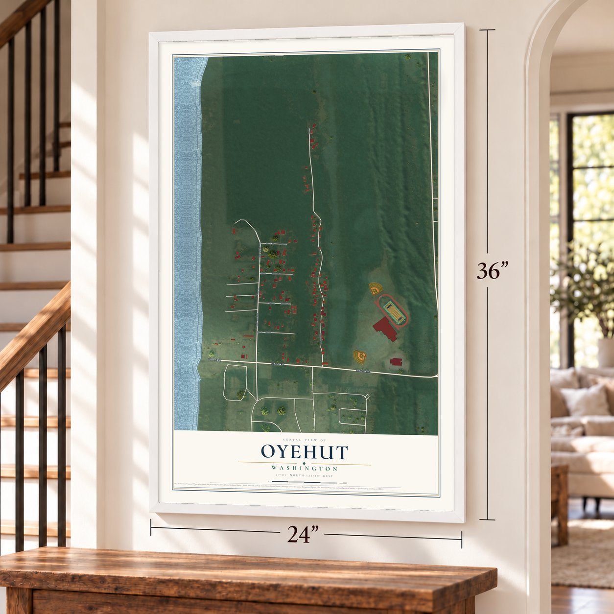 Oyehut, Washington map, 24 x 36 inch print in a white frame by a staircase