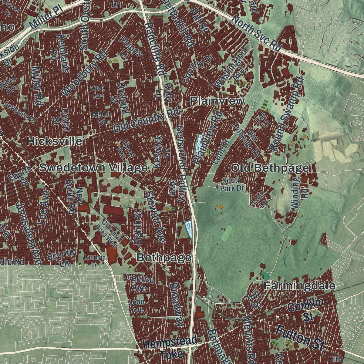 Second close-up of the map of Oyster Bay, New York print showing more streets and buildings