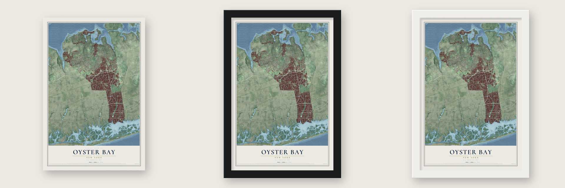 Oyster Bay, New York map unframed, in a black wood frame and in a white wood frame