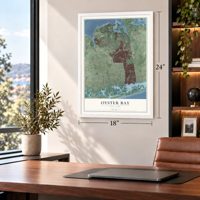 Oyster Bay, New York map, 18 x 24 inch print in a white frame in a home office