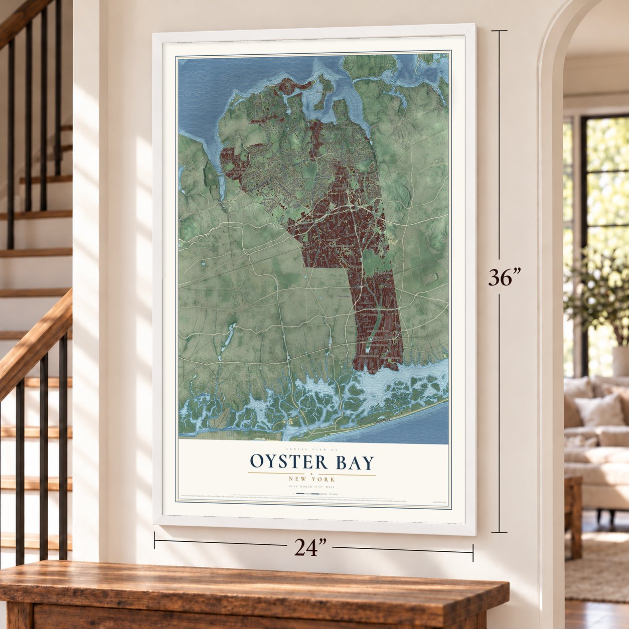 Oyster Bay, New York map, 24 x 36 inch print in a white frame by a staircase