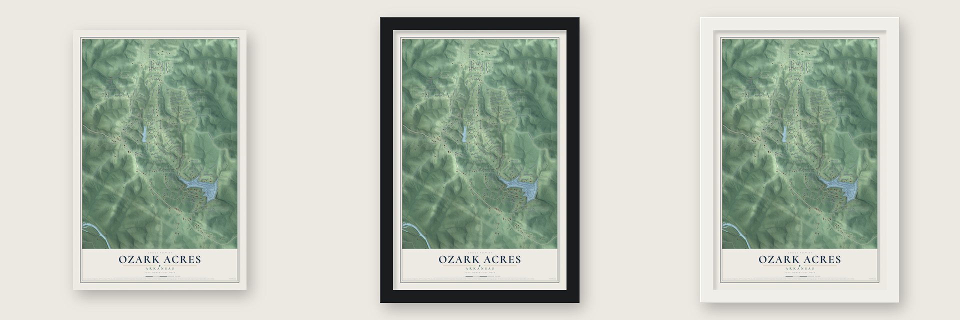 Ozark Acres, Arkansas map unframed, in a black wood frame and in a white wood frame