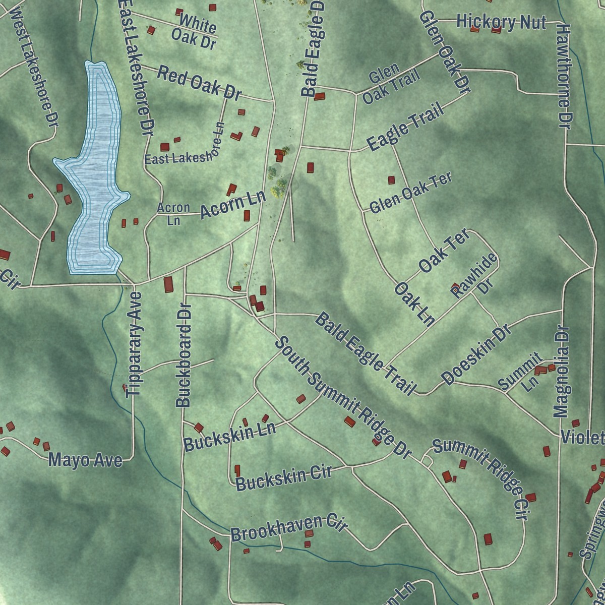 Second close-up of the map of Ozark Acres, Arkansas print showing more streets and buildings