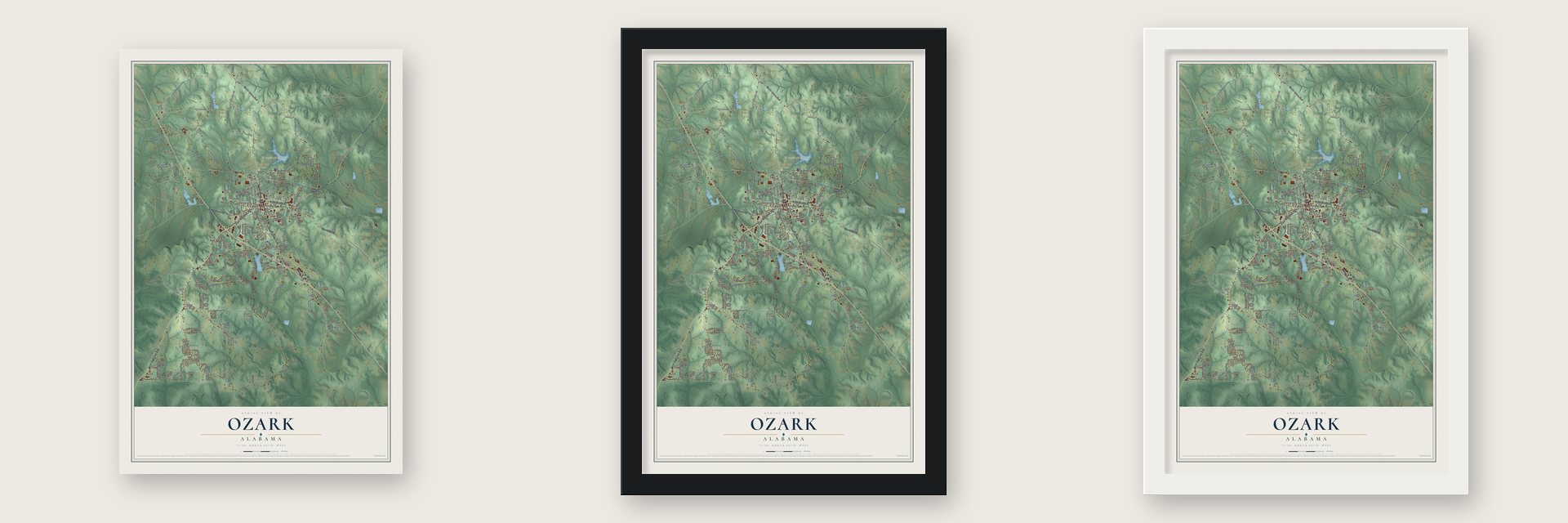 Ozark, Alabama map unframed, in a black wood frame and in a white wood frame