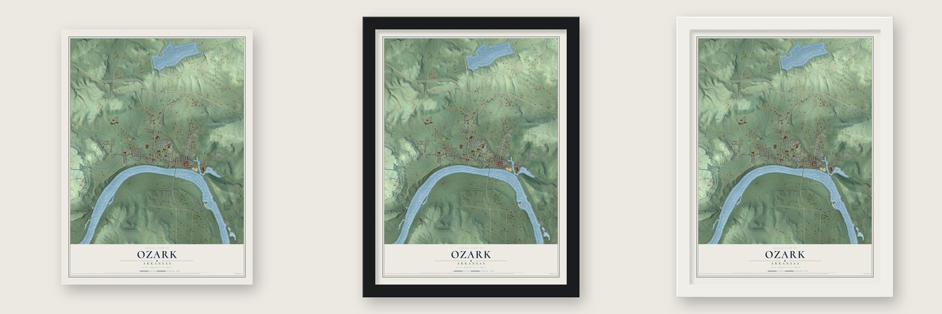 Ozark, Arkansas map unframed, in a black wood frame and in a white wood frame