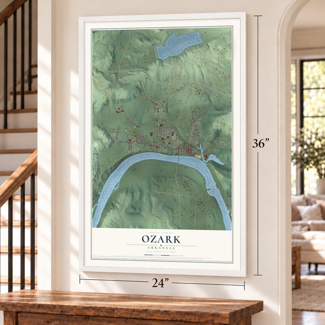 Ozark, Arkansas map, 24 x 36 inch print in a white frame by a staircase