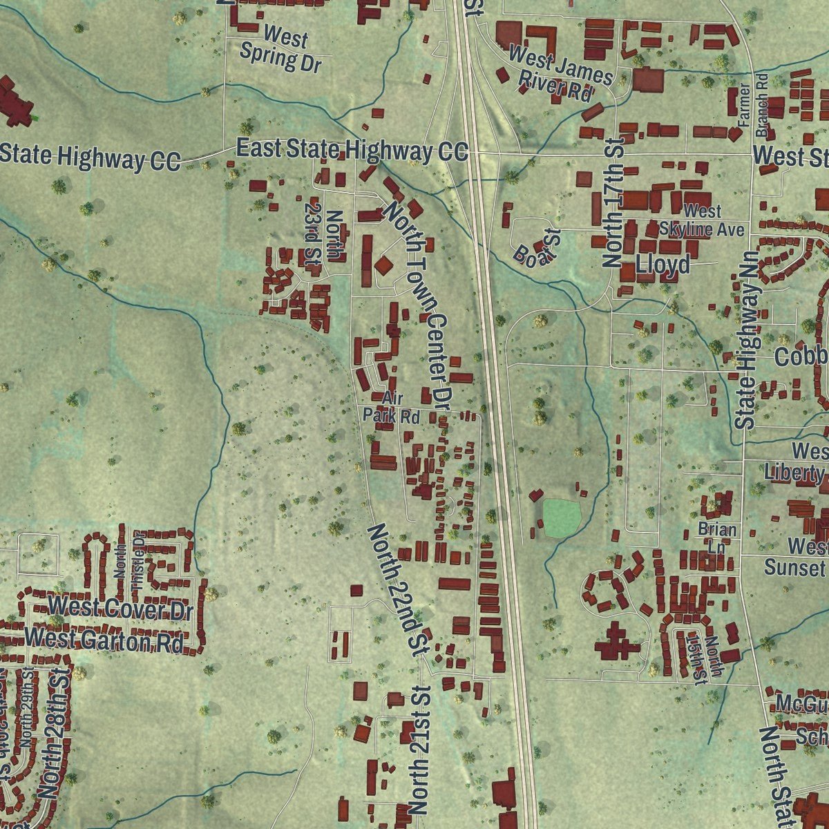 Second close-up of the map of Ozark, Missouri print showing more streets and buildings