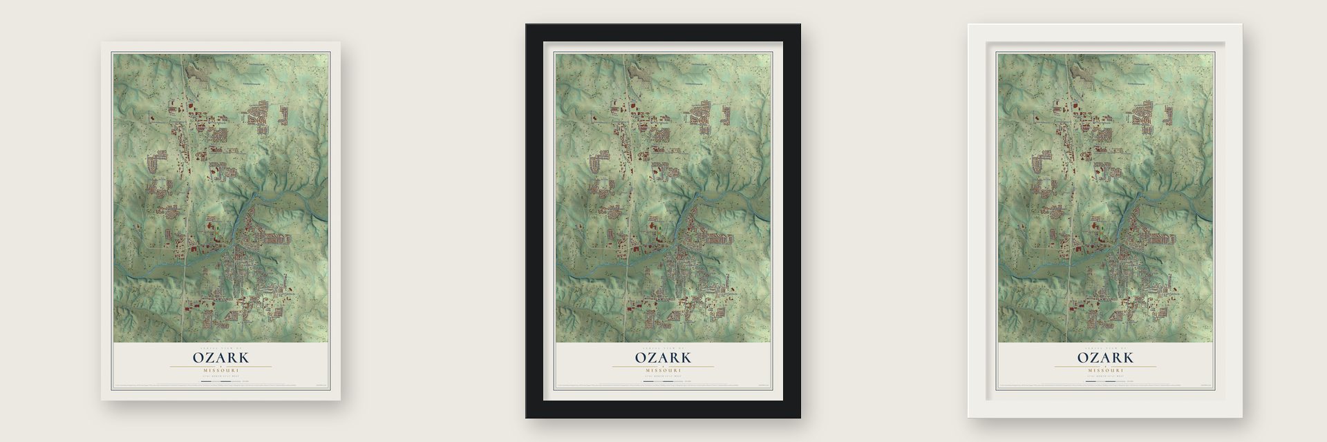 Ozark, Missouri map unframed, in a black wood frame and in a white wood frame