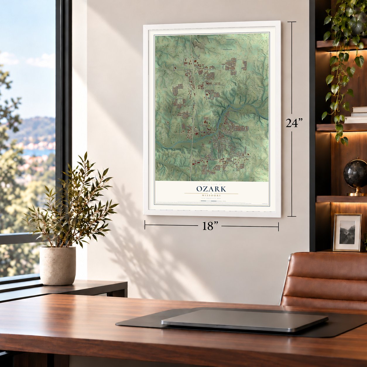 Ozark, Missouri map, 18 x 24 inch print in a white frame in a home office