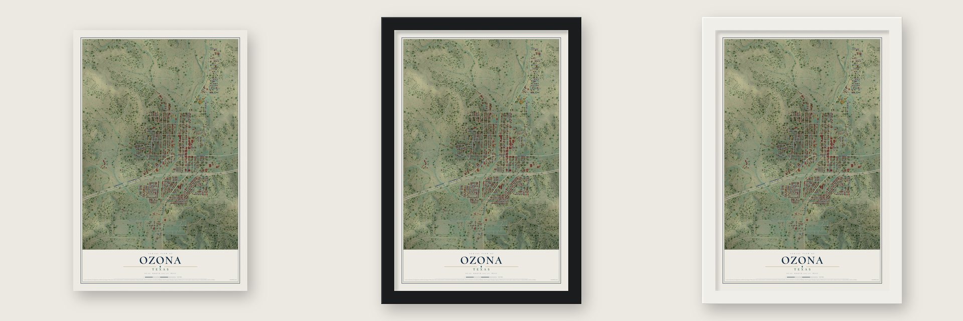 Ozona, Texas map unframed, in a black wood frame and in a white wood frame