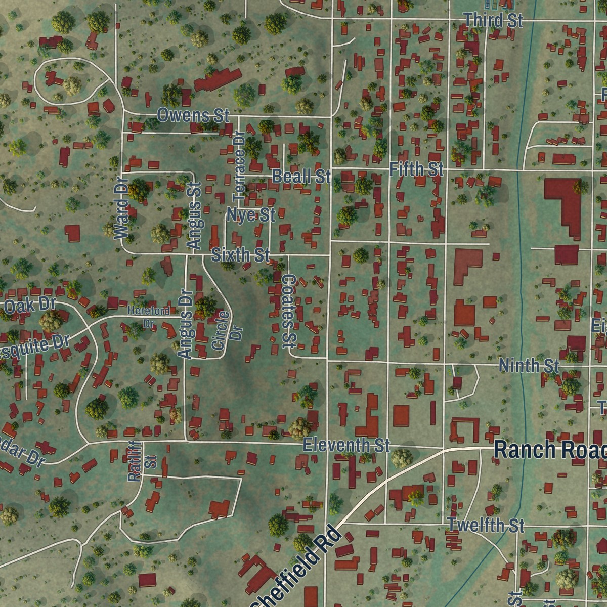 Second close-up of the map of Ozona, Texas print showing more streets and buildings