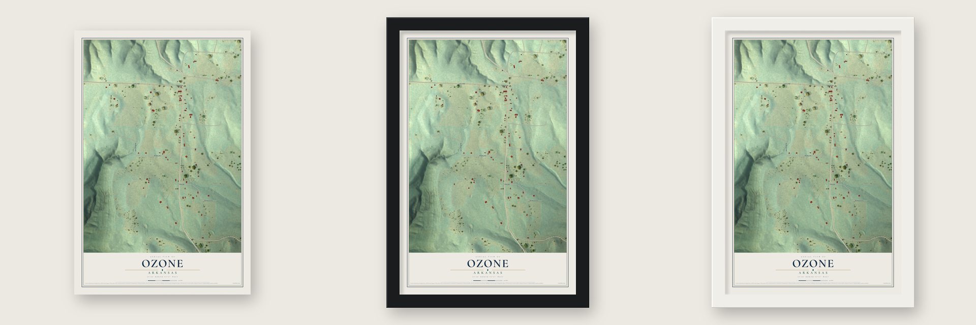 Ozone, Arkansas map unframed, in a black wood frame and in a white wood frame