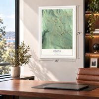 Ozone, Arkansas map, 18 x 24 inch print in a white frame in a home office