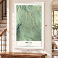Ozone, Arkansas map, 24 x 36 inch print in a white frame by a staircase