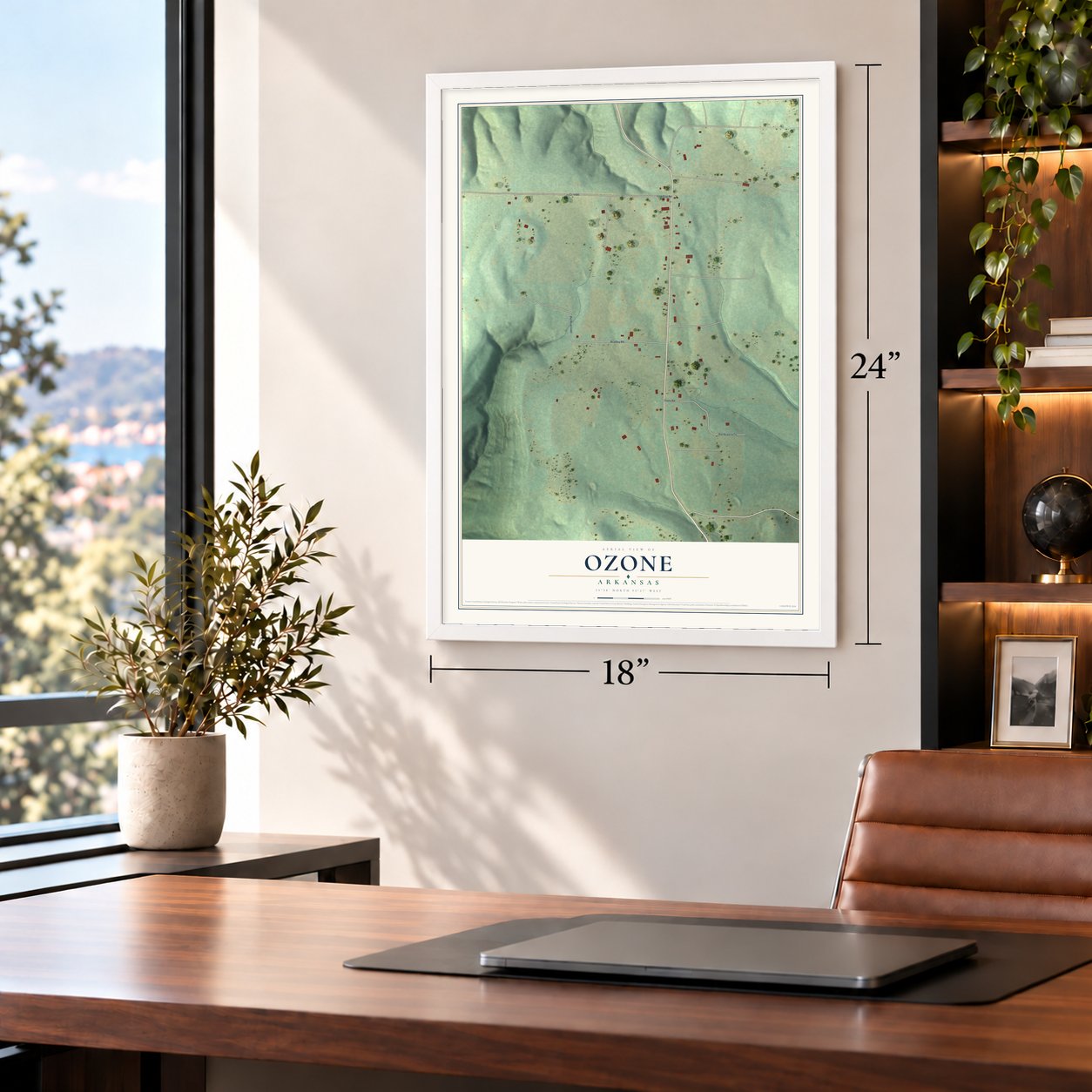 Ozone, Arkansas map, 18 x 24 inch print in a white frame in a home office