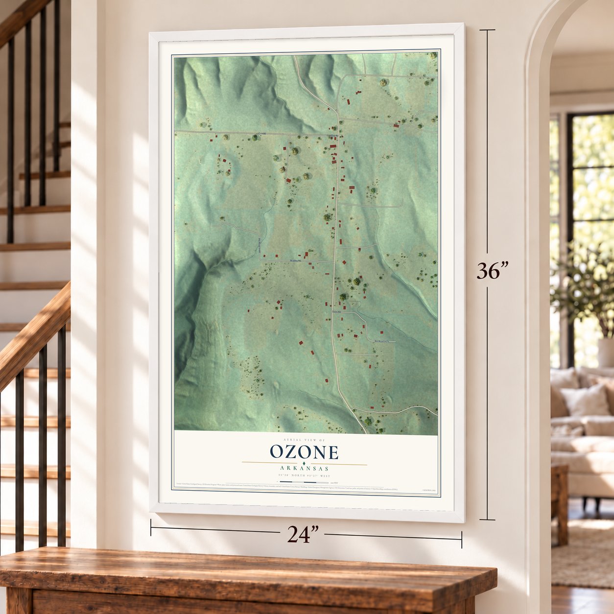 Ozone, Arkansas map, 24 x 36 inch print in a white frame by a staircase