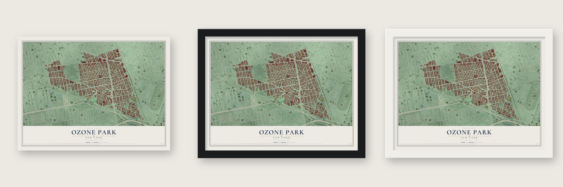 Ozone Park, New York map unframed, in a black wood frame and in a white wood frame