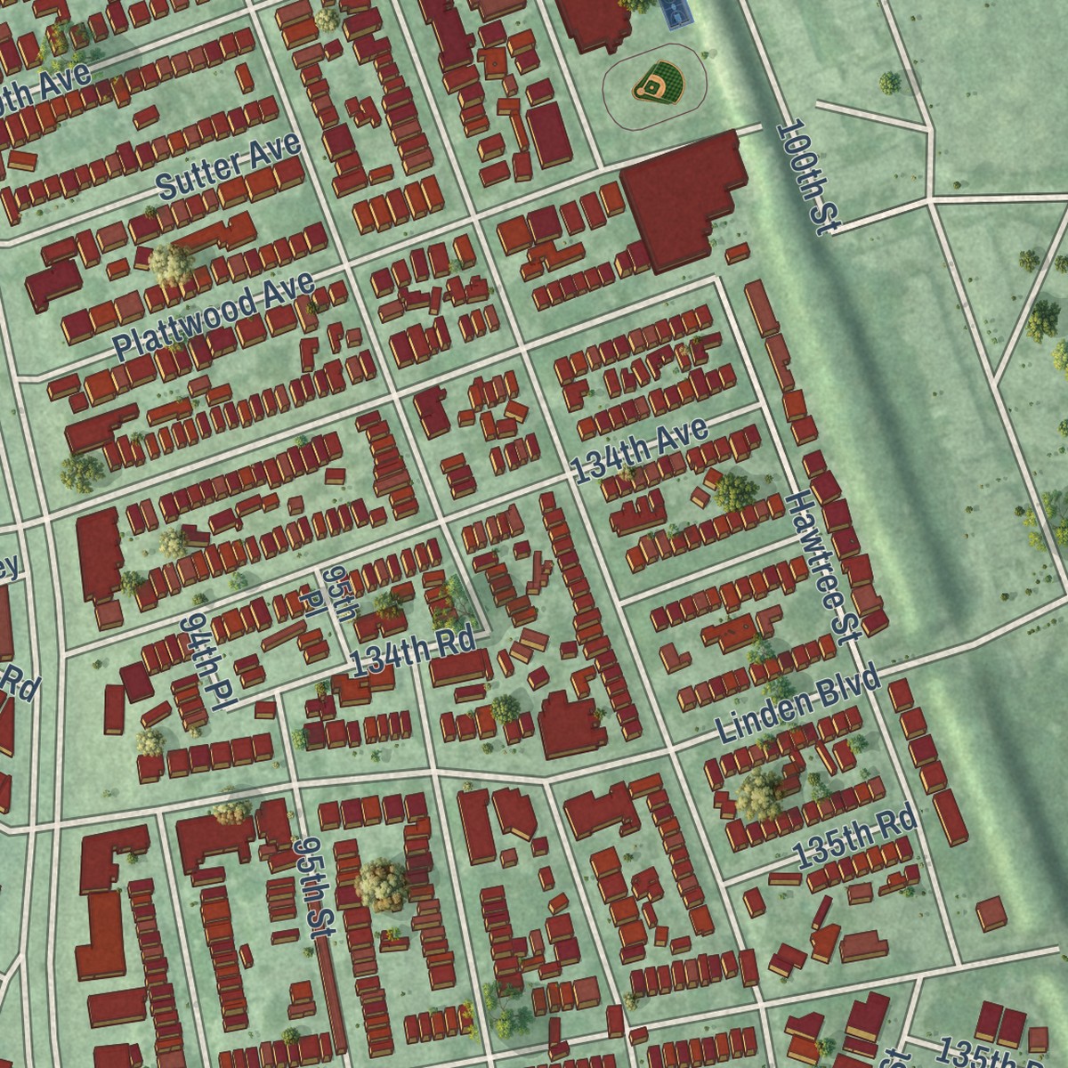 Second close-up of the map of Ozone Park, New York print showing more streets and buildings