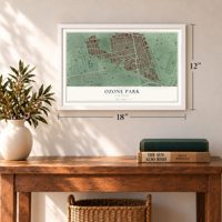 Ozone Park, New York map, 12 x 18 inch print in a white frame in an entryway