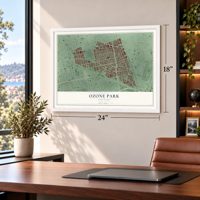 Ozone Park, New York map, 18 x 24 inch print in a white frame in a home office