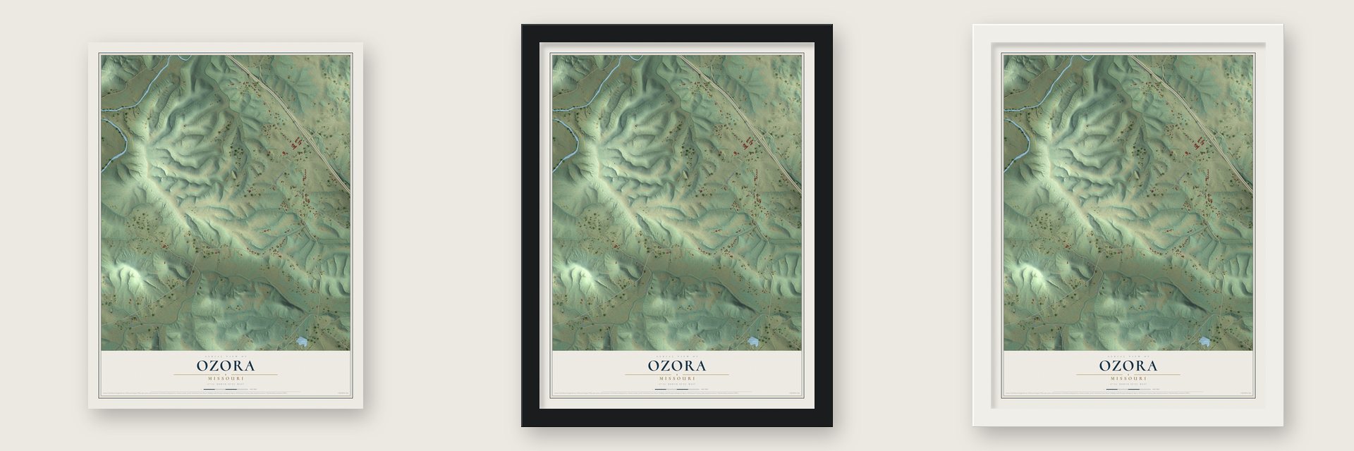 Ozora, Missouri map unframed, in a black wood frame and in a white wood frame