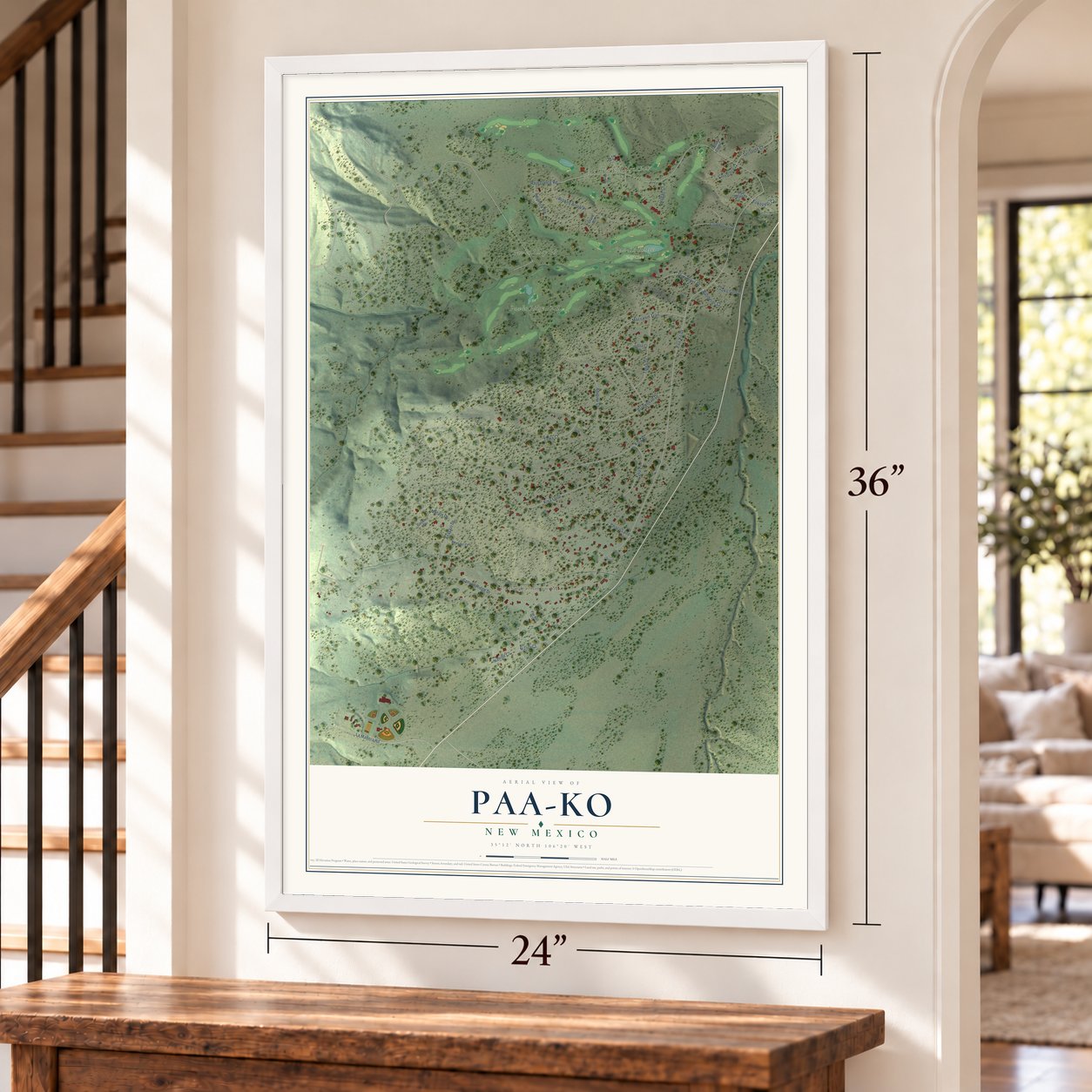 Paa-Ko, New Mexico map, 24 x 36 inch print in a white frame by a staircase