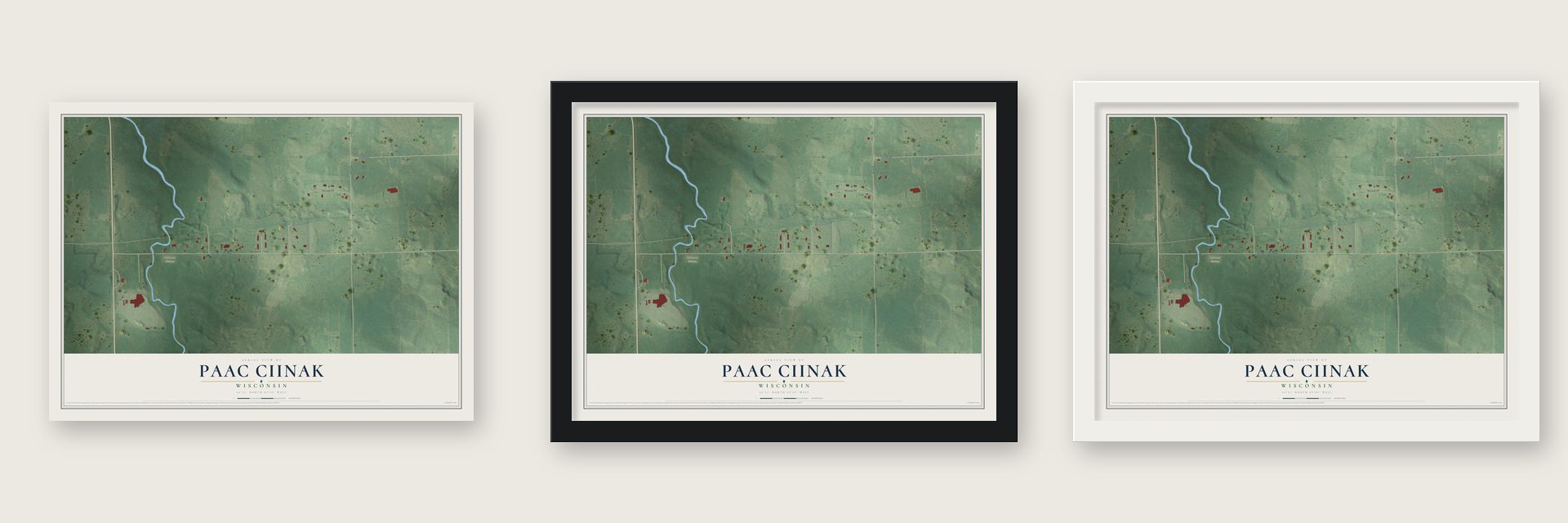 Paac Ciinak, Wisconsin map unframed, in a black wood frame and in a white wood frame