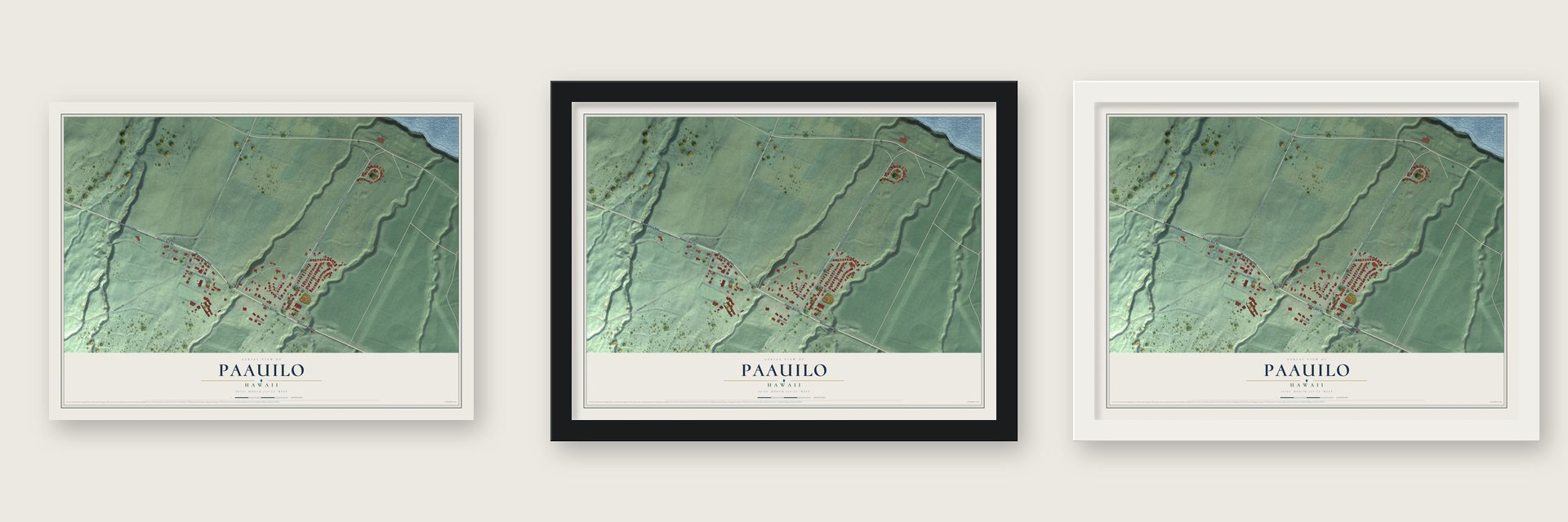 Paauilo, Hawaii map unframed, in a black wood frame and in a white wood frame