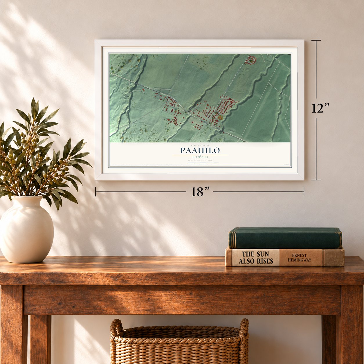 Paauilo, Hawaii map, 12 x 18 inch print in a white frame in an entryway