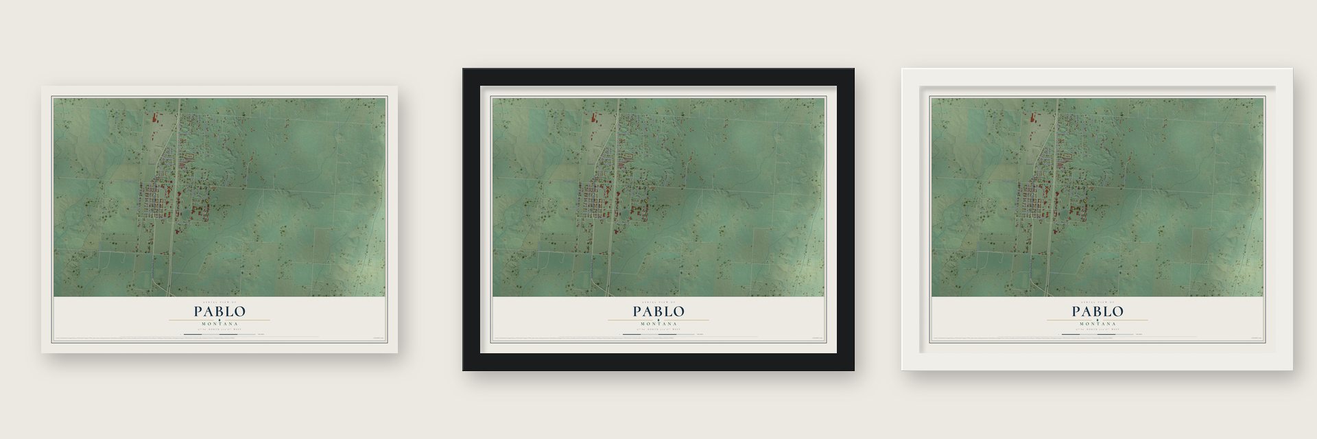 Pablo, Montana map unframed, in a black wood frame and in a white wood frame