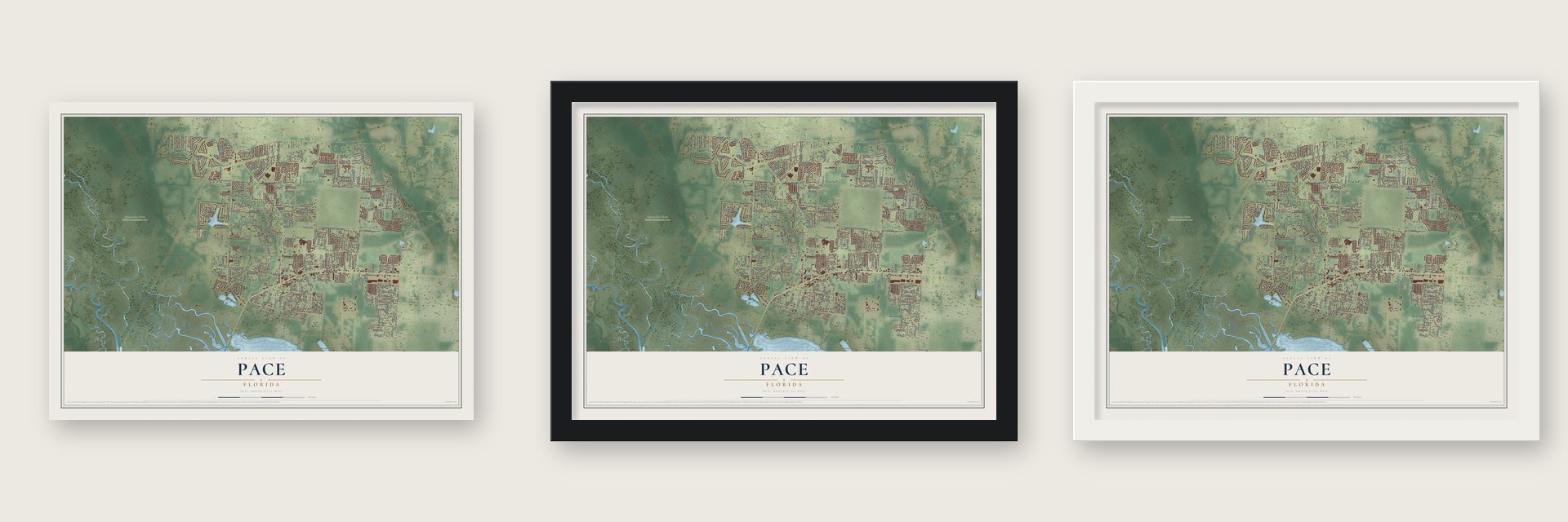 Pace, Florida map unframed, in a black wood frame and in a white wood frame