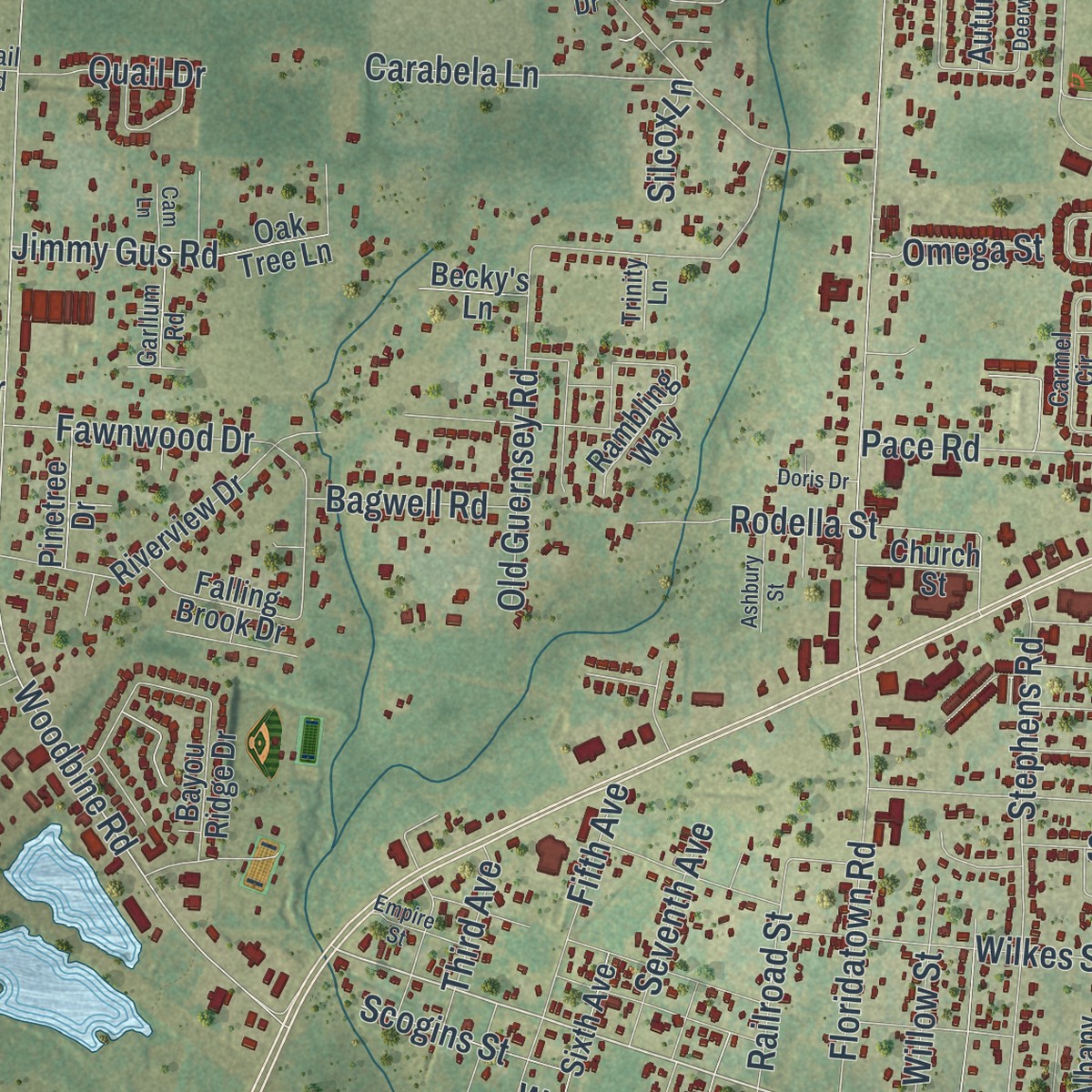 Second close-up of the map of Pace, Florida print showing more streets and buildings
