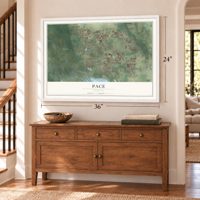 Pace, Florida map, 24 x 36 inch print in a white frame above a dresser by a staircase