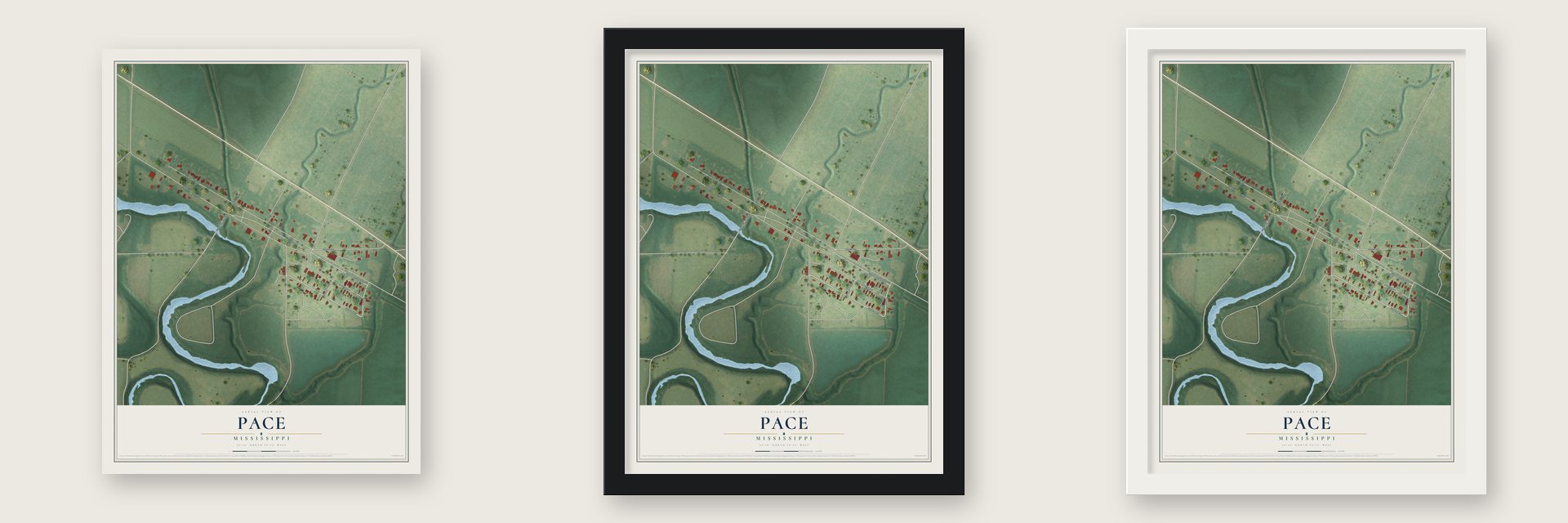 Pace, Mississippi map unframed, in a black wood frame and in a white wood frame