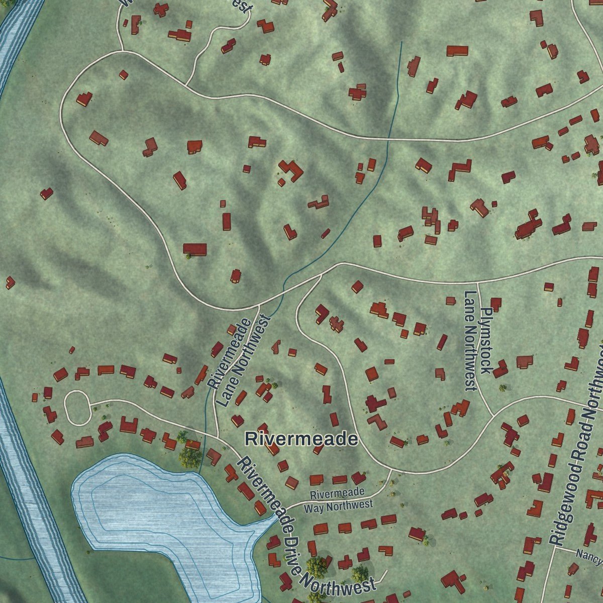Second close-up of the map of Paces, Georgia print showing more streets and buildings