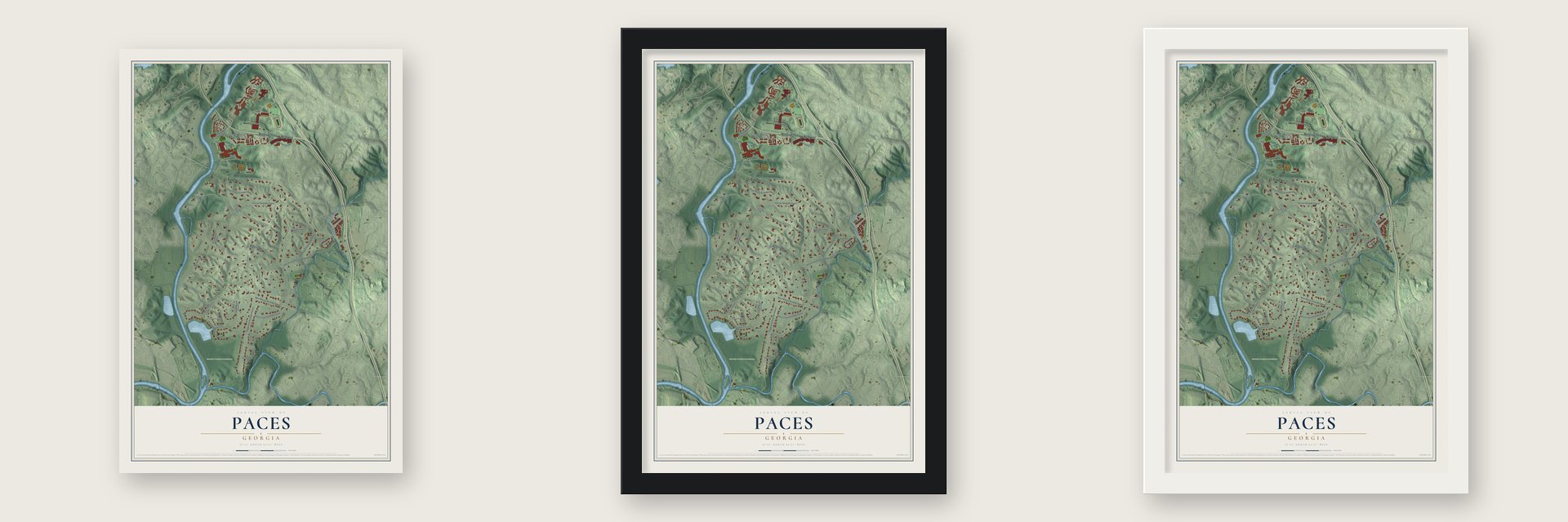 Paces, Georgia map unframed, in a black wood frame and in a white wood frame