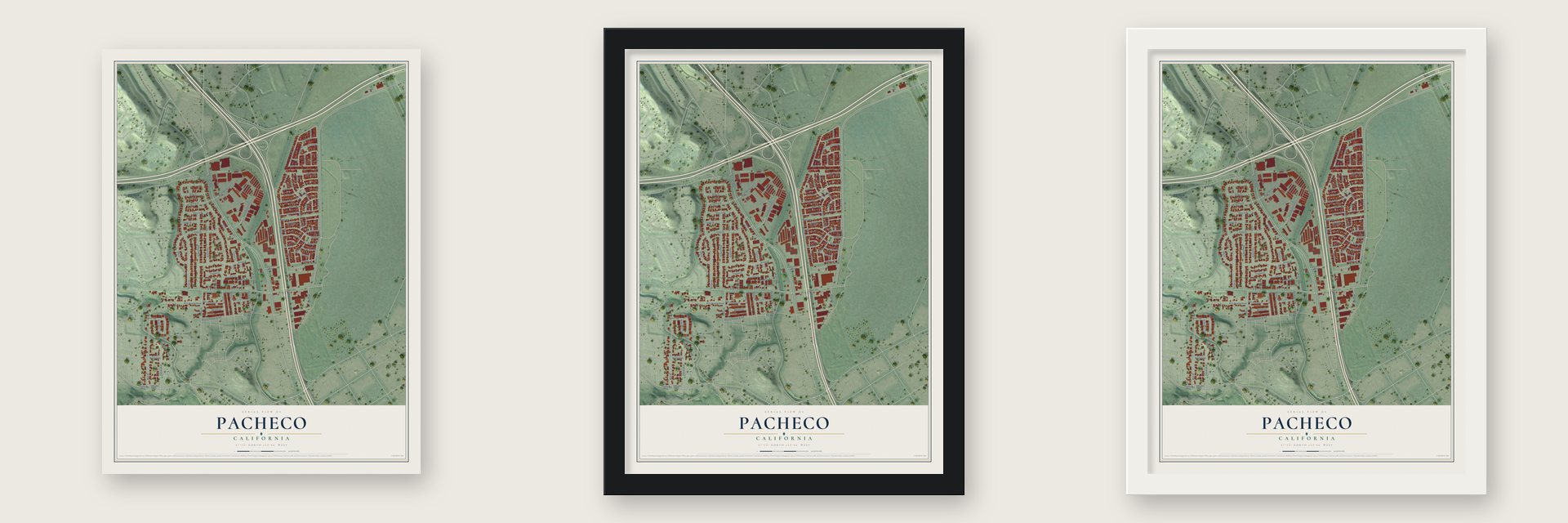 Pacheco, California map unframed, in a black wood frame and in a white wood frame