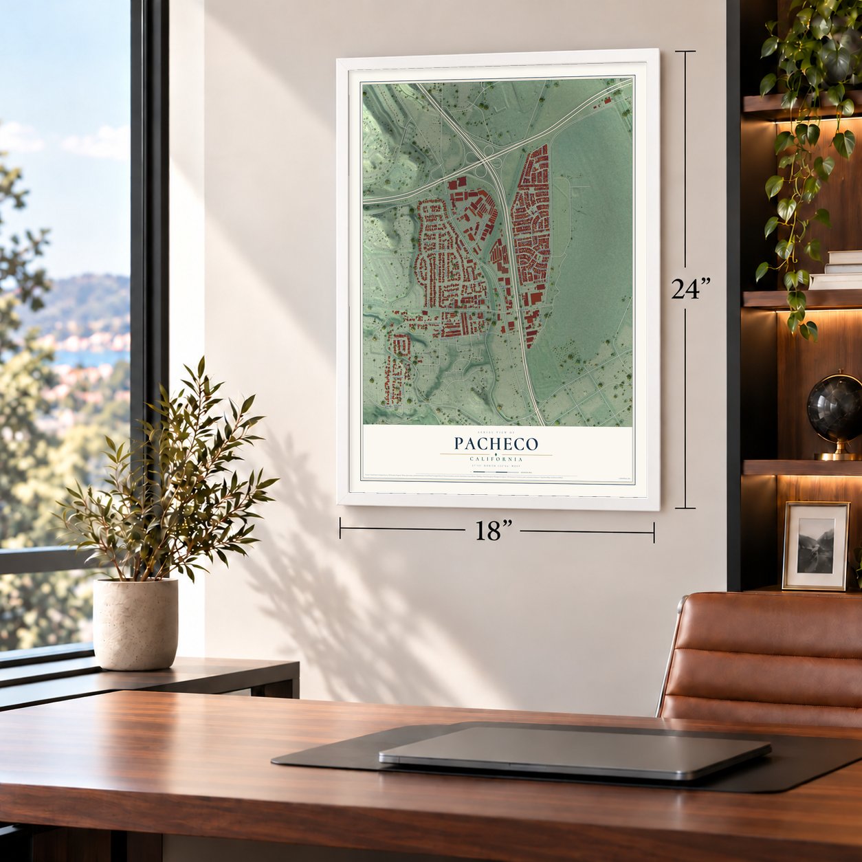Pacheco, California map, 18 x 24 inch print in a white frame in a home office